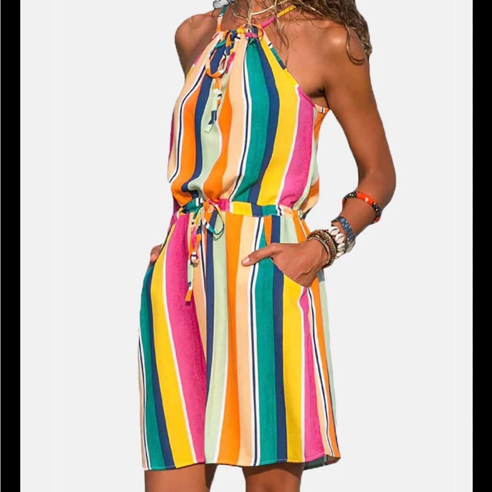 Multicolor bright striped summer sundress adjustable top & waist so fun S